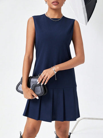 Solid Color Pleated Hem Sleeveless Spring Dress