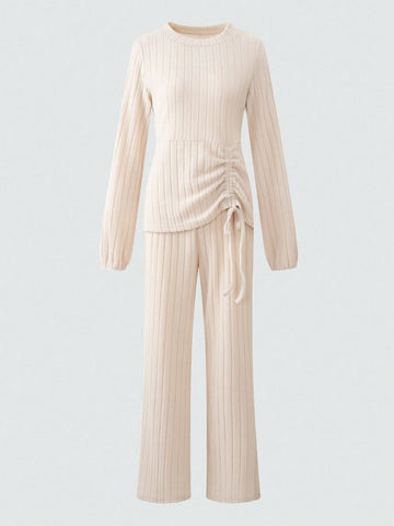 Solid Color Ribbed Knit Two-Piece Set