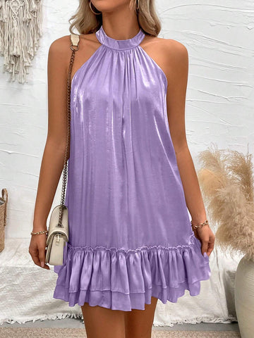 Solid Color Ruffle Hem Pleated Sleeveless Dress
