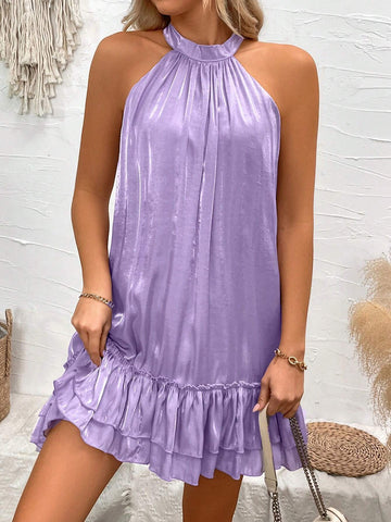 Solid Color Ruffle Hem Pleated Sleeveless Dress