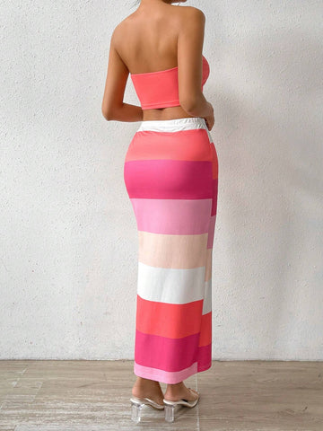 Solid Color Slim Fit Tube Top With Color Block Elastic Waist Skirt