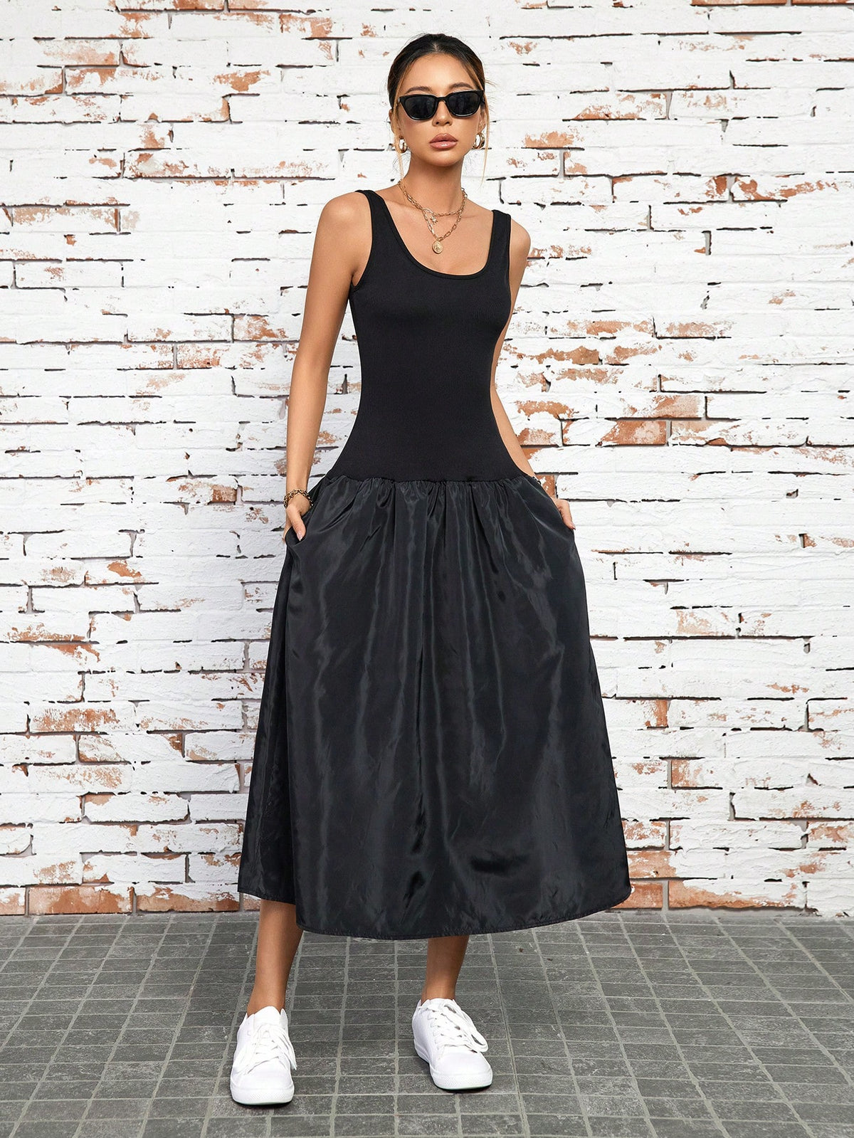 Solid Color Splicing Women's Cami Dress