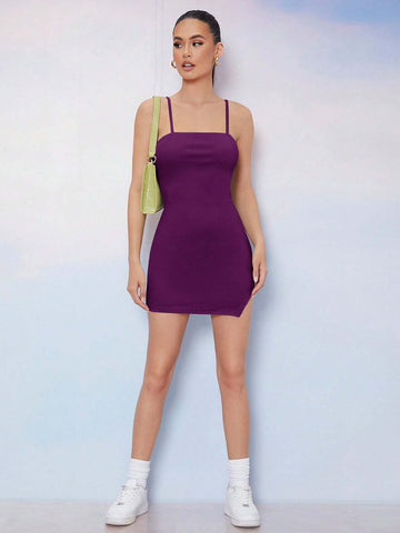 Solid Color Split Hem Bodycon Spaghetti Strap Dress