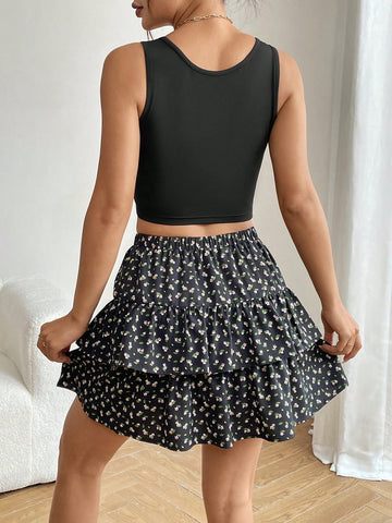 Solid Color Square Neck Vest And Small Floral Printed Skirt