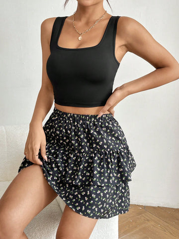 Solid Color Square Neck Vest And Small Floral Printed Skirt