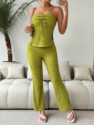 Solid Color Tube Top And Flared Pants Two Piece Set
