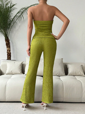 Solid Color Tube Top And Flared Pants Two Piece Set