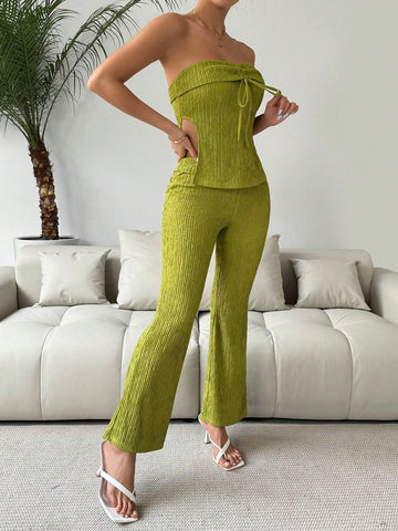 Solid Color Tube Top And Flared Pants Two Piece Set