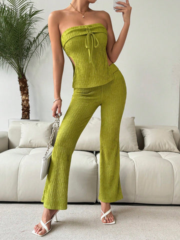 Solid Color Tube Top And Flared Pants Two Piece Set