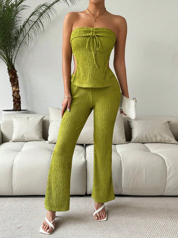 Solid Color Tube Top And Flared Pants Two Piece Set