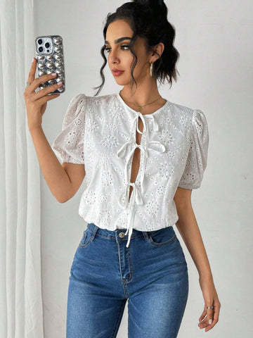 Solid Color Twist Hollow Embroidery Short Sleeve Romper, Summer