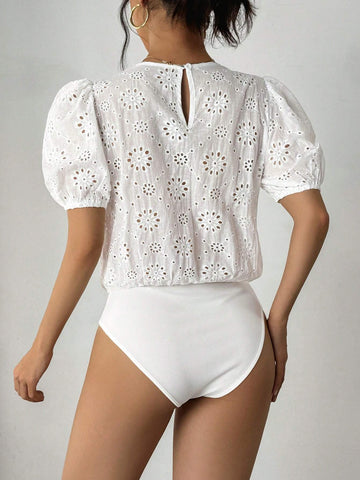 Solid Color Twist Hollow Embroidery Short Sleeve Romper, Summer