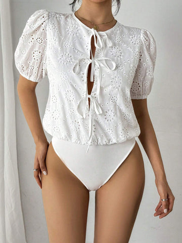 Solid Color Twist Hollow Embroidery Short Sleeve Romper, Summer