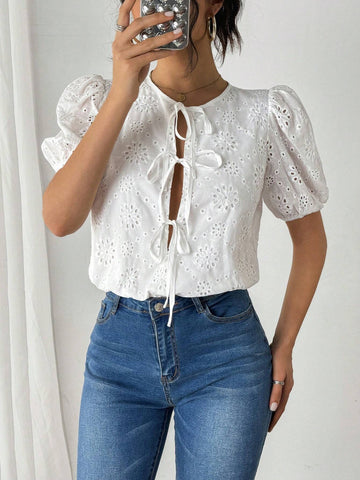 Solid Color Twist Hollow Embroidery Short Sleeve Romper, Summer