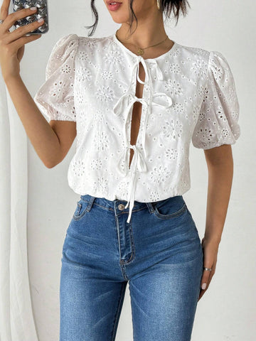 Solid Color Twist Hollow Embroidery Short Sleeve Romper, Summer