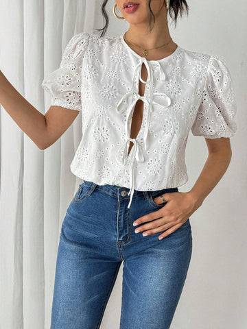 Solid Color Twist Hollow Embroidery Short Sleeve Romper, Summer