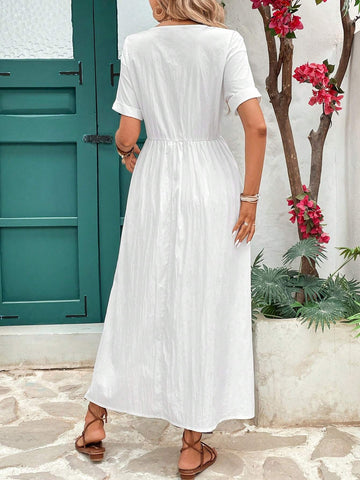 Solid Color Waist-Cinching Long Dress, For Vacation And Leisure