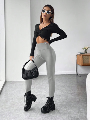 Essnce Solid Color Wide-Waist Leggings