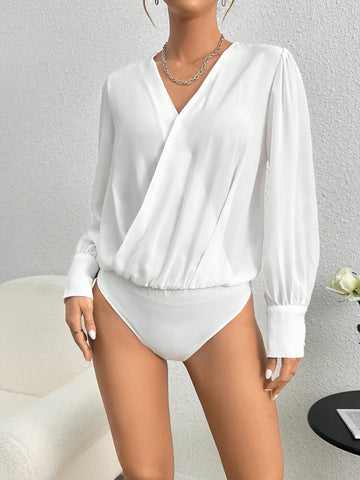 Solid Color Wrap-Front Long Sleeve Bodysuit