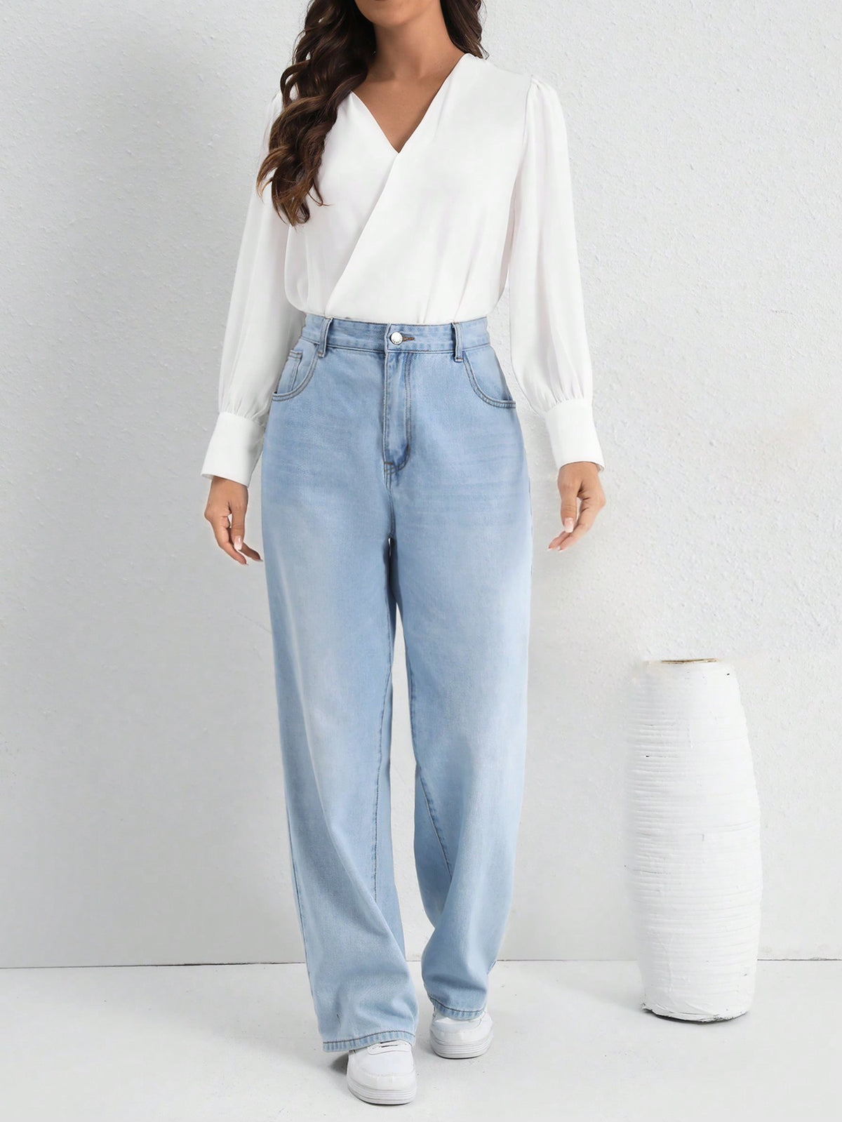 Solid Color Wrap-Front Long Sleeve Bodysuit