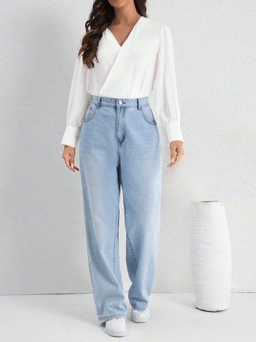 Solid Color Wrap-Front Long Sleeve Bodysuit