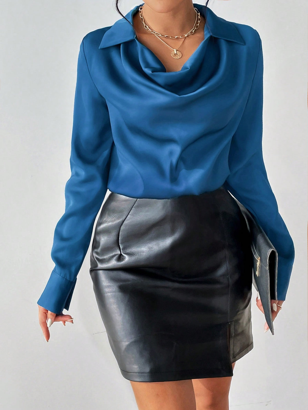 Solid Draped Collar Satin Blouse