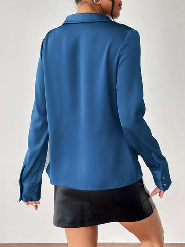 Solid Draped Collar Satin Blouse