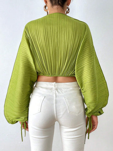Essnce Solid Drawstring Cuff Dolman Sleeve Crop Blouse