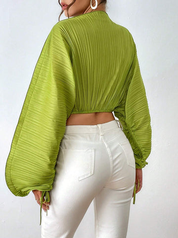 Essnce Solid Drawstring Cuff Dolman Sleeve Crop Blouse