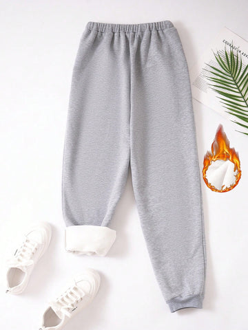 Essnce Solid Elastic Waist Thermal Lined Sweatpants