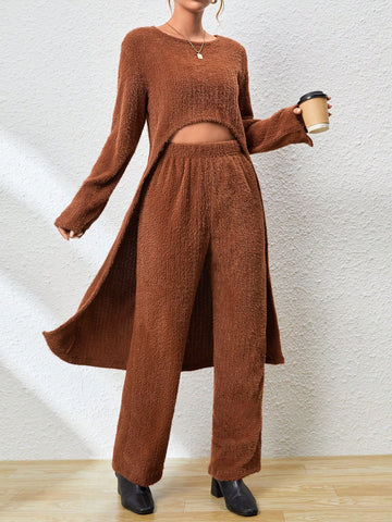 Solid High Low Hem Fuzzy Tee & Pants