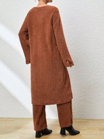 Solid High Low Hem Fuzzy Tee & Pants