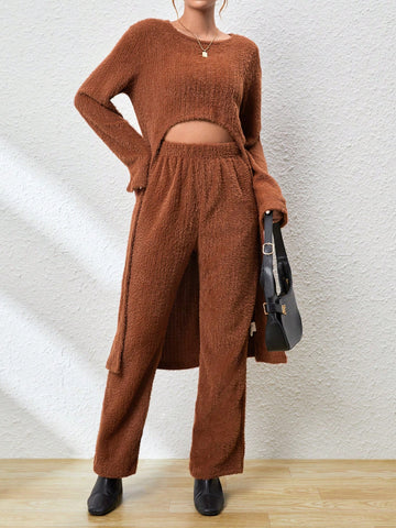 Solid High Low Hem Fuzzy Tee & Pants
