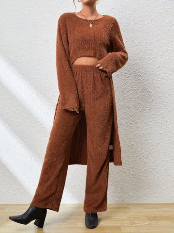 Solid High Low Hem Fuzzy Tee & Pants
