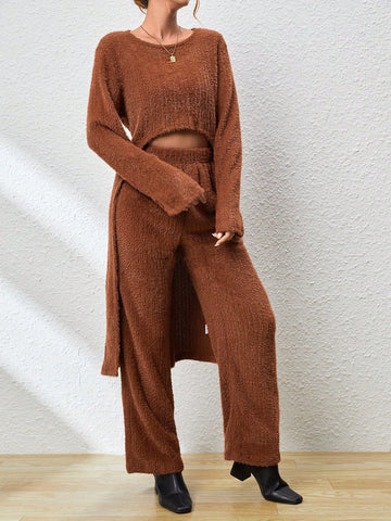 Solid High Low Hem Fuzzy Tee & Pants