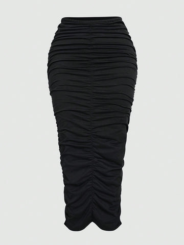 Essnce Solid Ruched Pencil Skirt