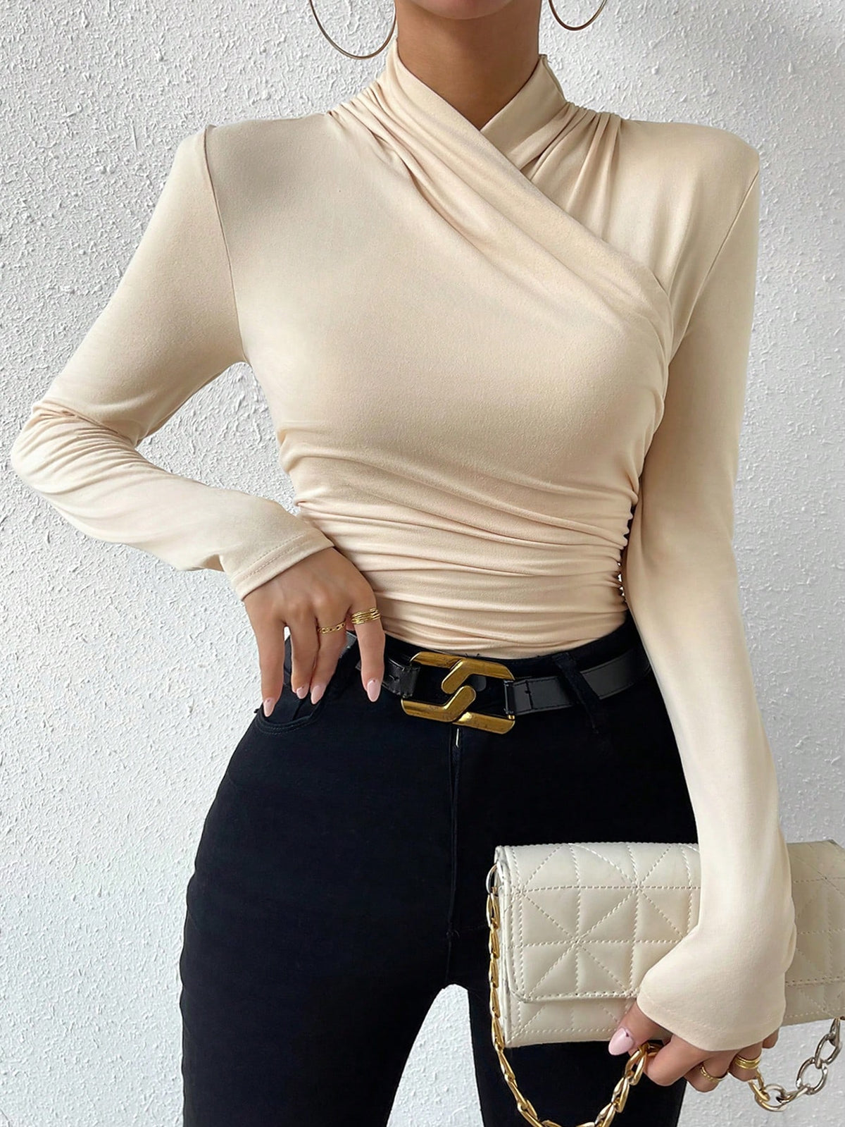 Solid Ruched Side Wrap Cross Tee