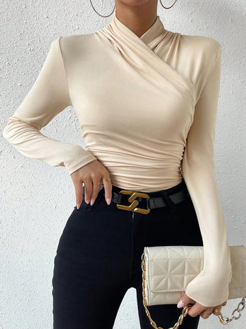 Solid Ruched Side Wrap Cross Tee
