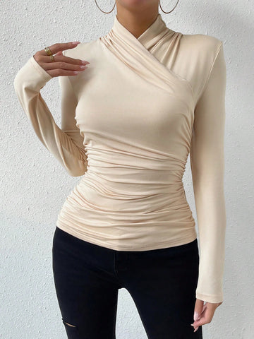 Solid Ruched Side Wrap Cross Tee