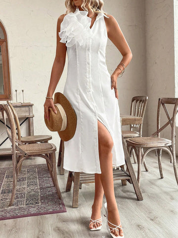 Solid Solid Button Front Ruffle Shirt Dress