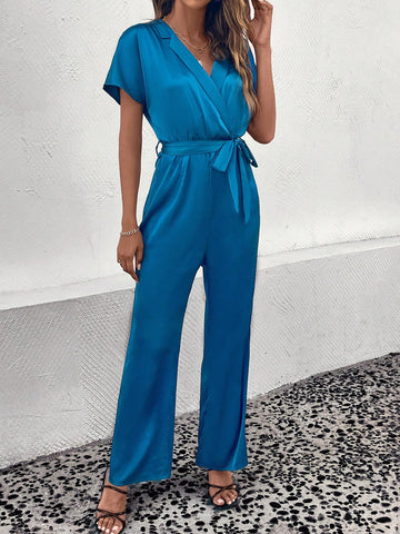 Solid Surplice Neck Belted Jumpsuit