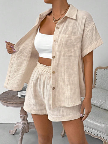Solid Texture Button Up Shirt And Paper Bag Waist Shorts Two Piece Set