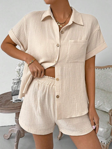 Solid Texture Button Up Shirt And Paper Bag Waist Shorts Two Piece Set