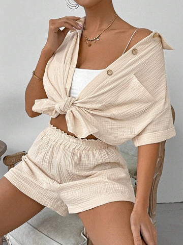 Solid Texture Button Up Shirt And Paper Bag Waist Shorts Two Piece Set