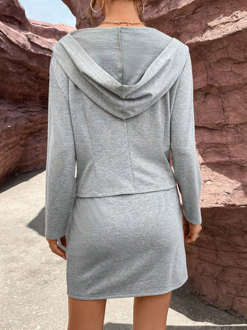 Solid Zip Up Hooded Sweatshirt & Skirt
