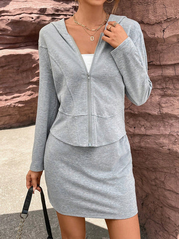 Solid Zip Up Hooded Sweatshirt & Skirt