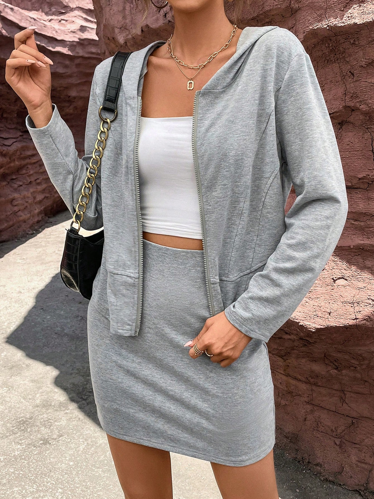 Solid Zip Up Hooded Sweatshirt & Skirt
