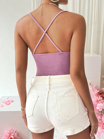 Sparkling Draped-Neck Spaghetti Strap Bodysuit