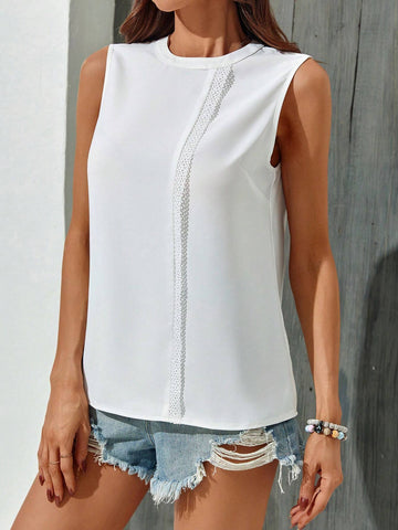Essnce Spring/Summer Cool Feeling Chiffon Lace Spliced Sleeveless Pullover Women Blouse