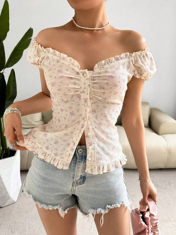 Essnce Spring/Summer Floral One-Shoulder Single Breasted Women T-Shirt